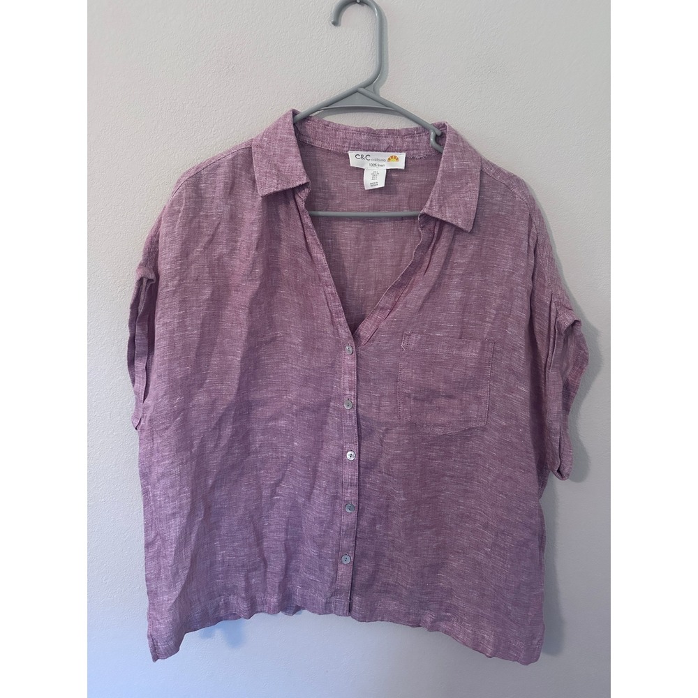 C&C California 100% Linen Button Down Shirt Large Purple Short Sleeve Top Preppy